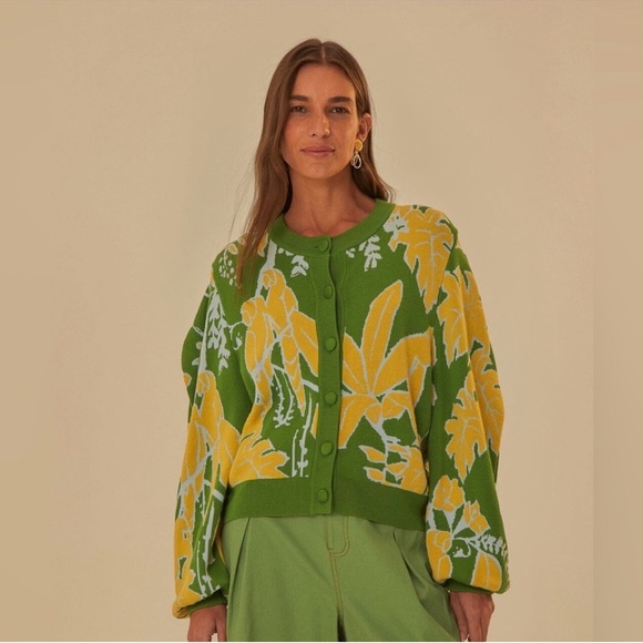 Farm Rio Small Foliage Sketch Knit Cardigan Sweater Green Yellow Preppy $220 New - Picture 2 of 8